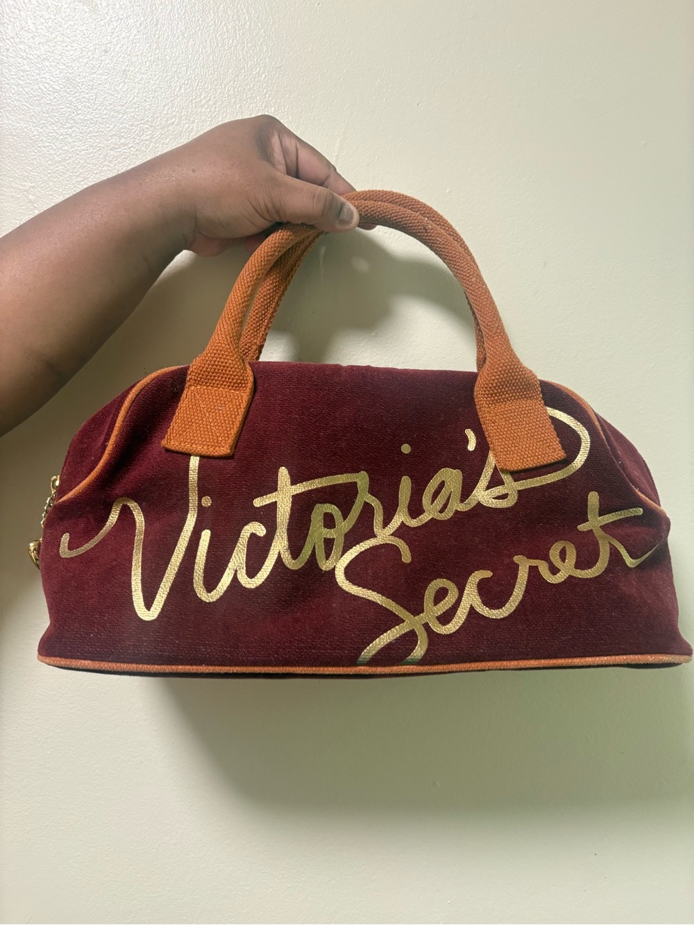 Victoria's Secret Burgundy Velvet Satchel with Orange Handles
